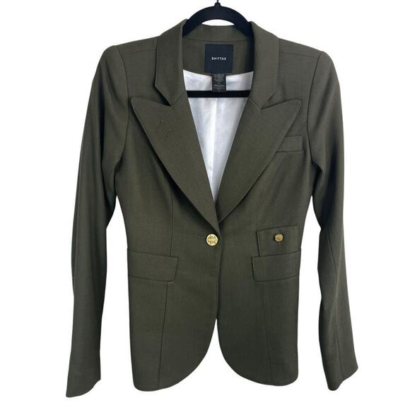 Smythe Duchess Wool Classic Peak Lapel Single Breasted Blazer Jacket Green Sz 2 - Picture 2 of 11